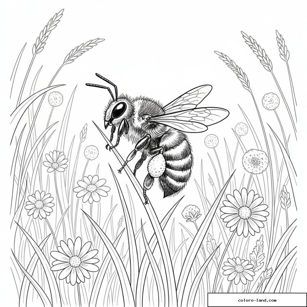 Abeille agrippée à un brin d'herbe parmi les marguerites et les pissenlits