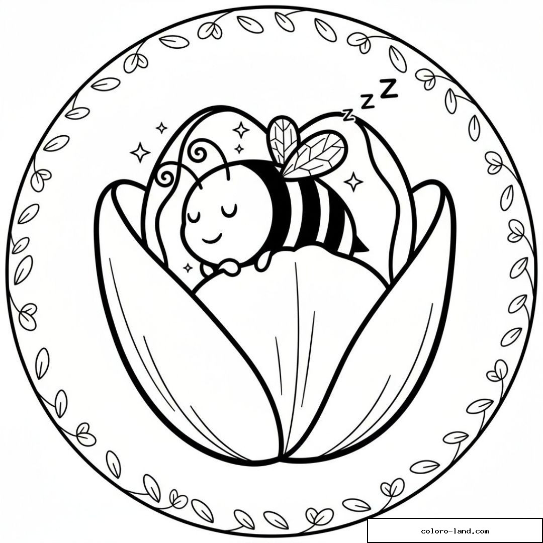 Petite abeille endormie dans une tulipe, dans un médaillon de feuillage