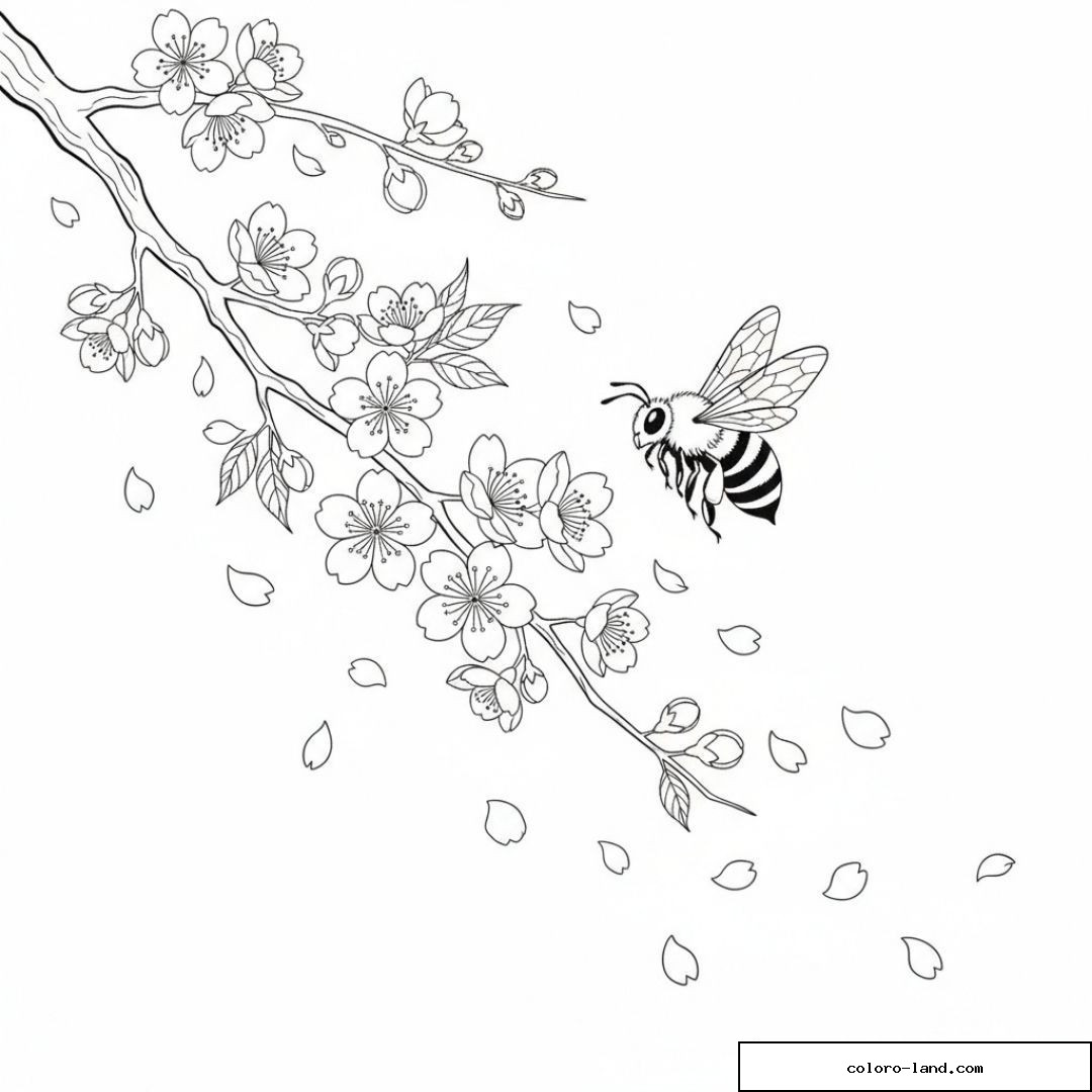 Abeille en vol près d'une branche de cerisier dont les pétales tombent
