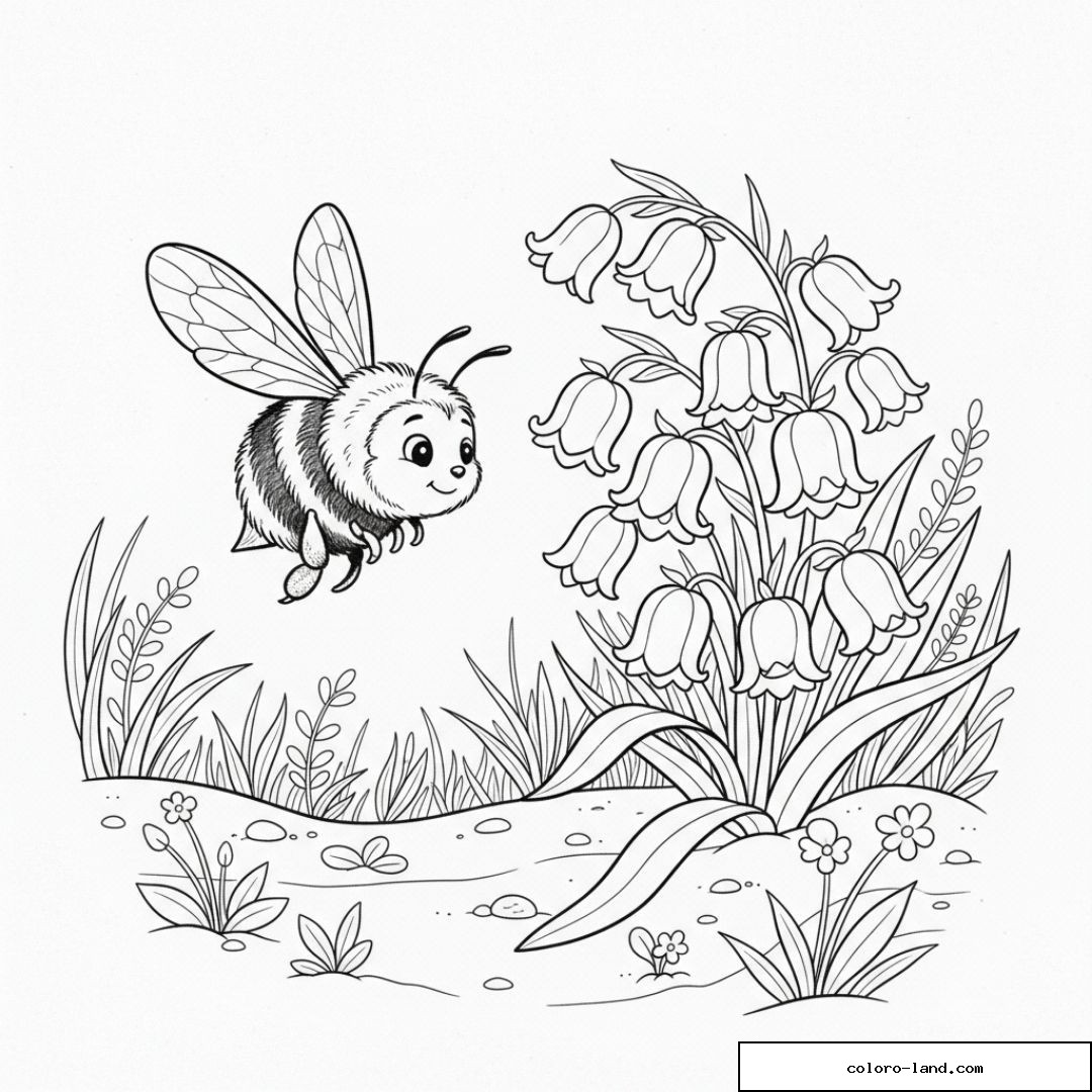 Abeille souriante volant près de fleurs en clochettes dans l'herbe