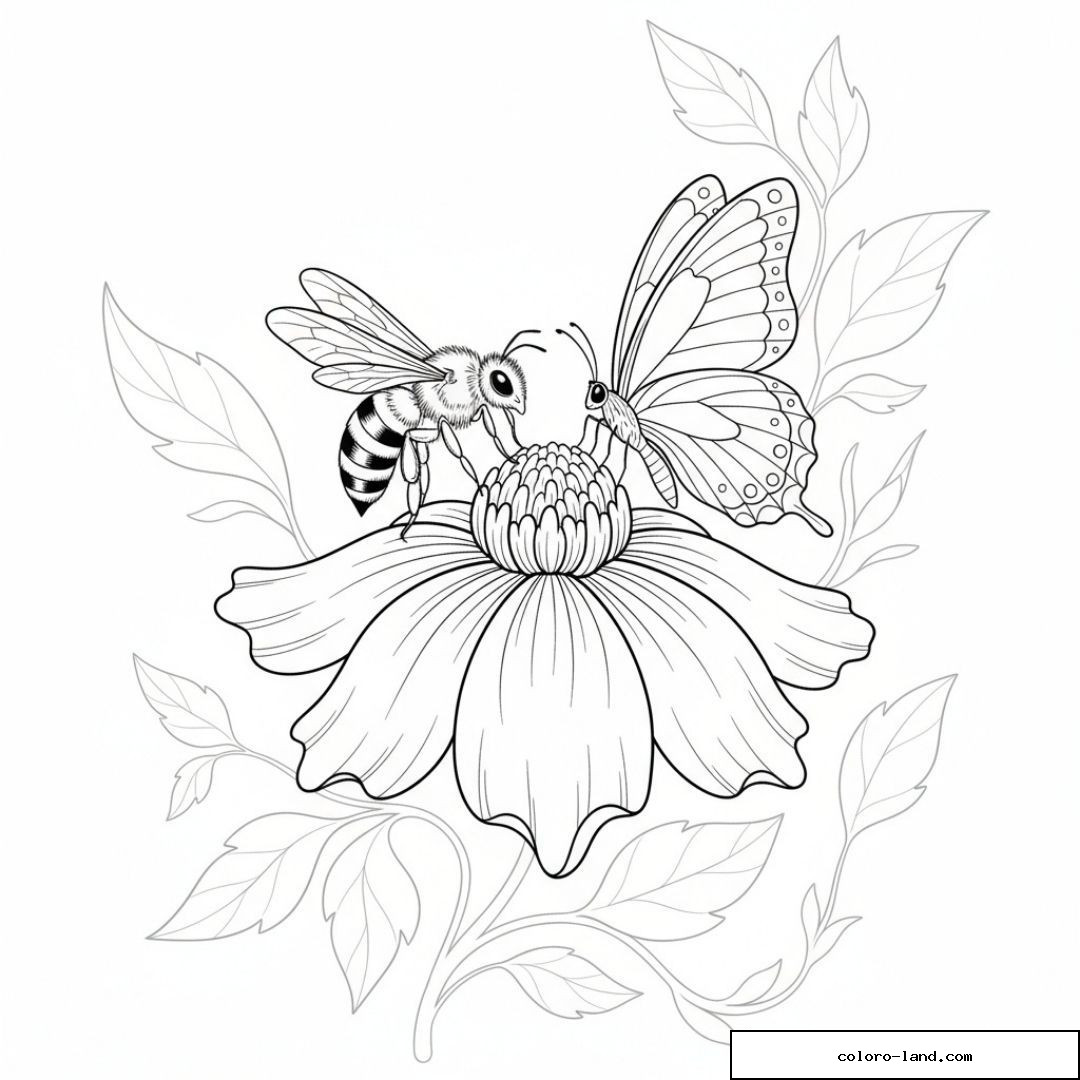 Biene und Schmetterling nebeneinander auf einer großen Blüte
