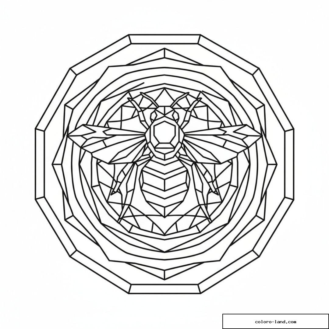 Abeille aux facettes géométriques au centre d'un mandala à douze côtés
