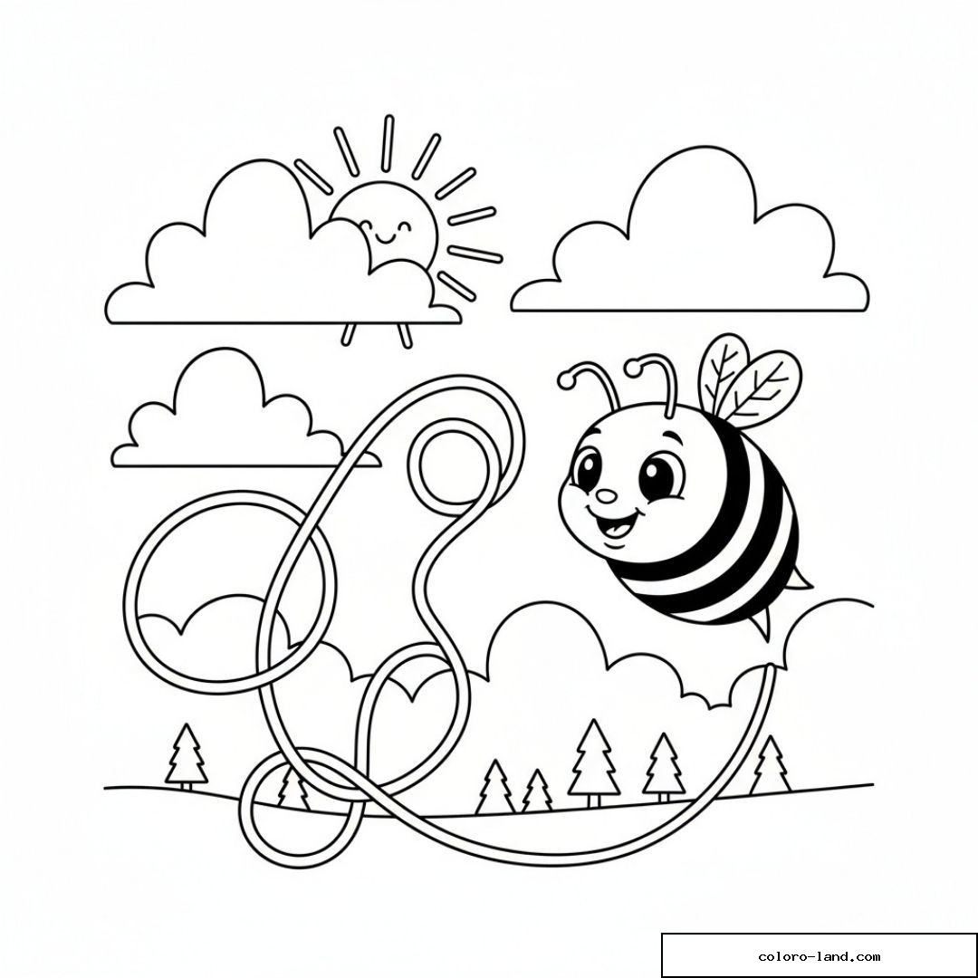 Abeille souriante traçant des boucles sous un soleil et des nuages