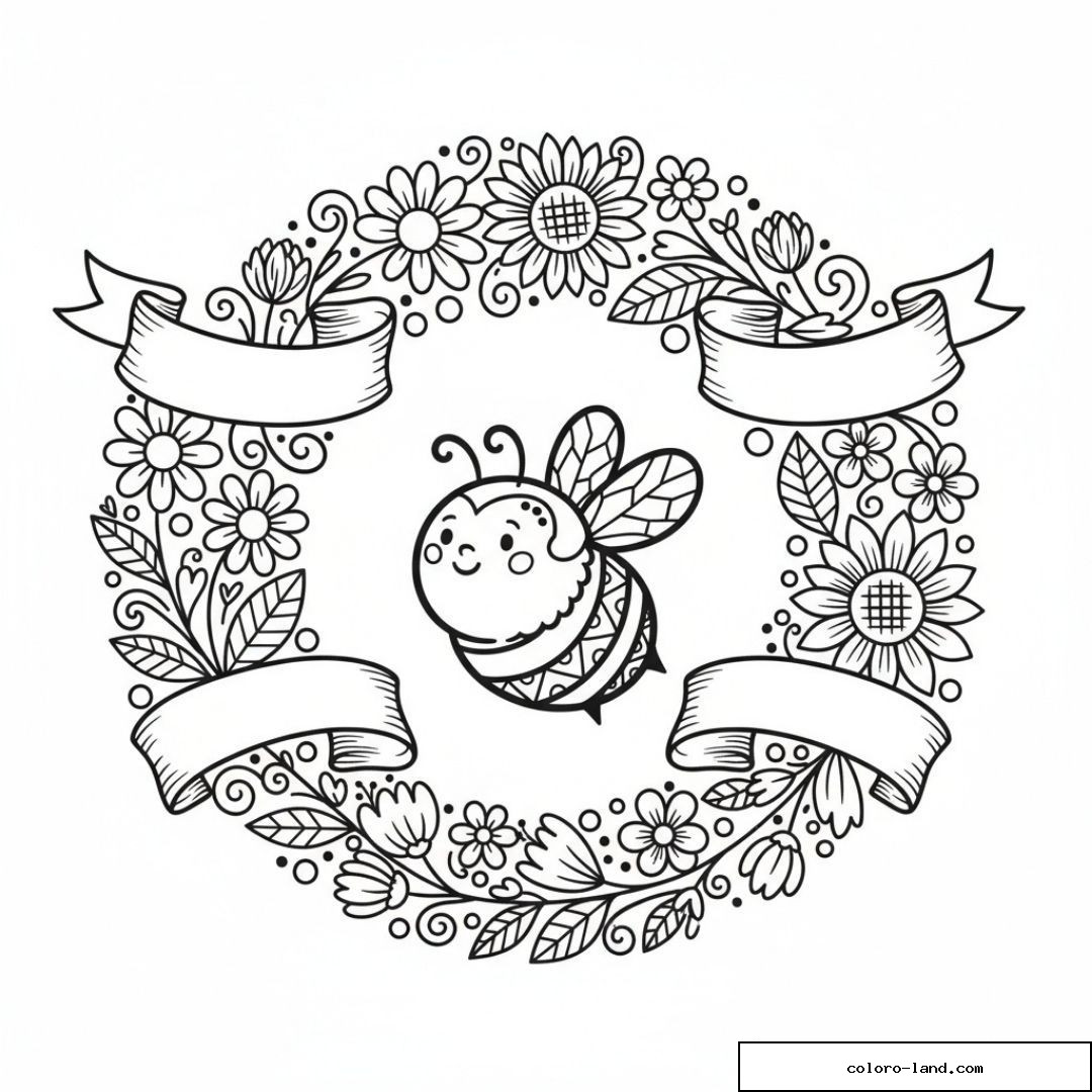 Abeille souriante au centre d'une couronne de fleurs et de banderoles