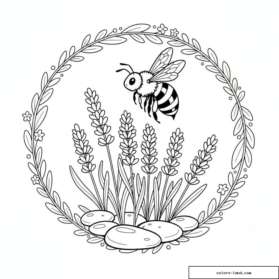 Abeille volant au-dessus de brins de lavande dans une couronne de feuillage