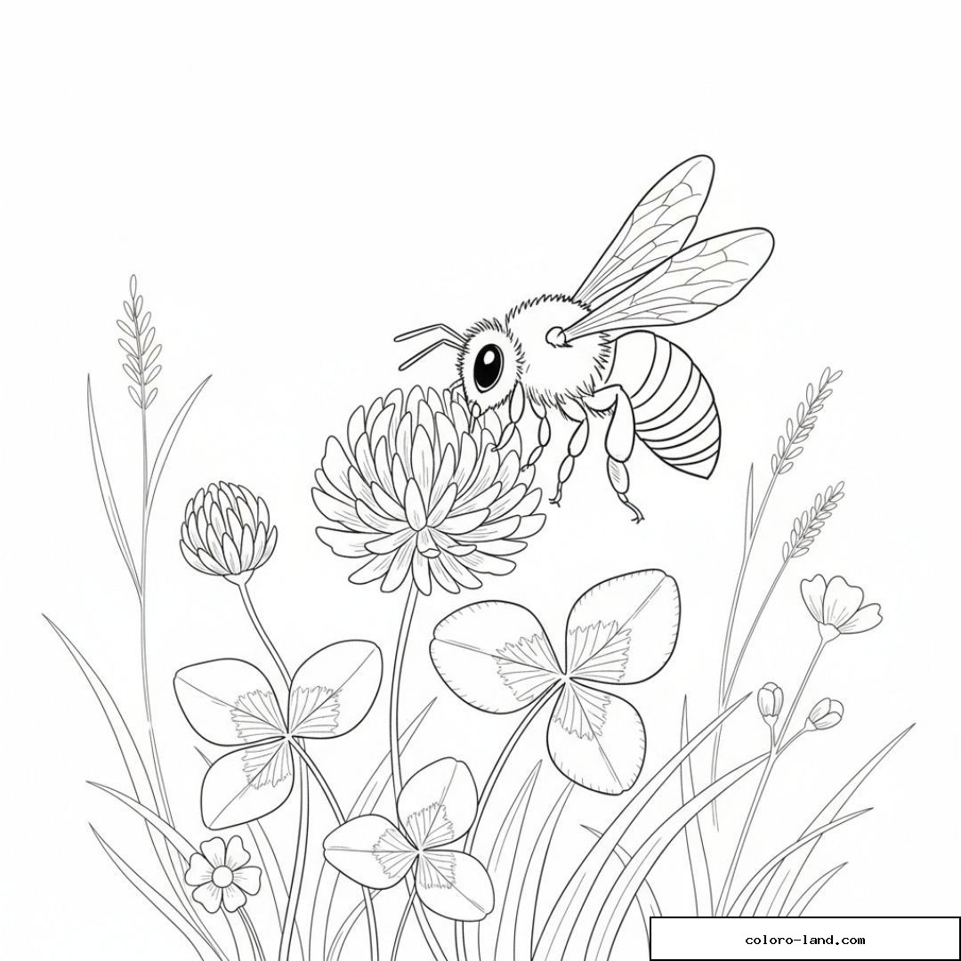 Abeille posée sur une fleur de trèfle entourée de hautes herbes