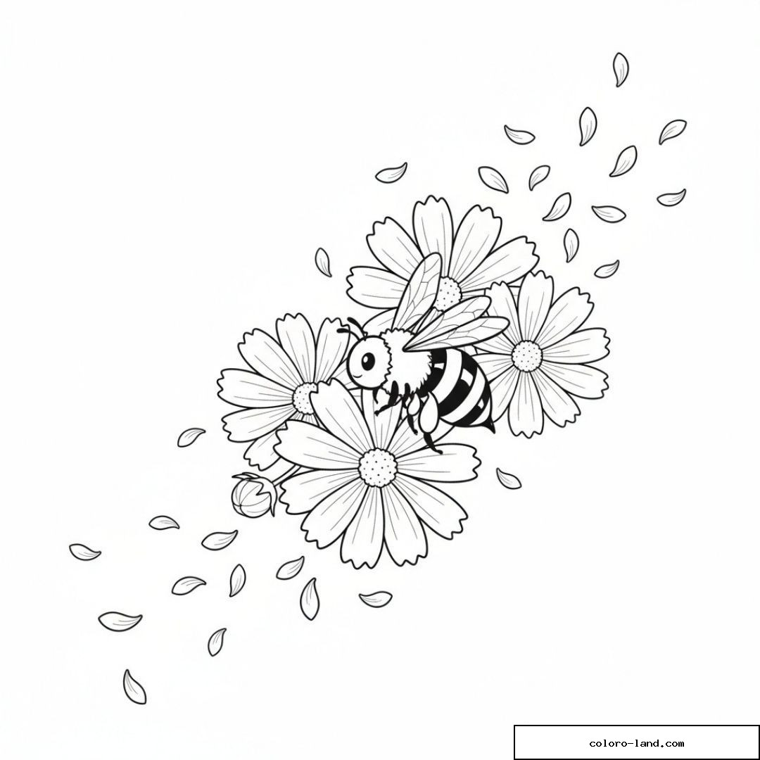 Abeille posée sur un bouquet de cosmos dont les pétales s'envolent