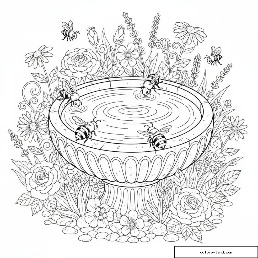 Abeilles buvant sur le rebord d'une vasque entourée de roses et de marguerites