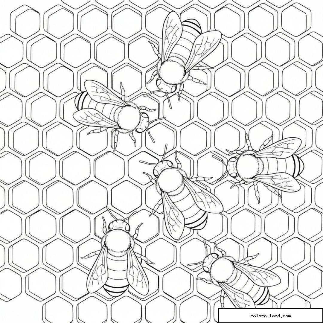 Six abeilles posées sur un rayon de miel aux alvéoles hexagonales