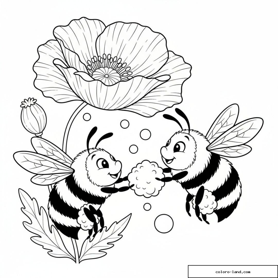 Deux abeilles se passant une boule de pollen sous un grand coquelicot