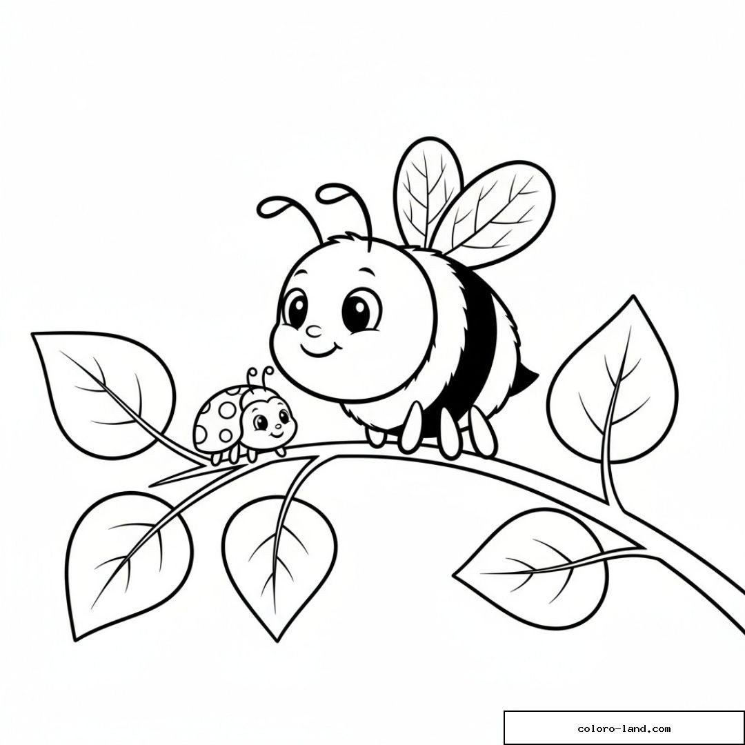 Grosse abeille souriante et coccinelle posées sur une branche feuillue