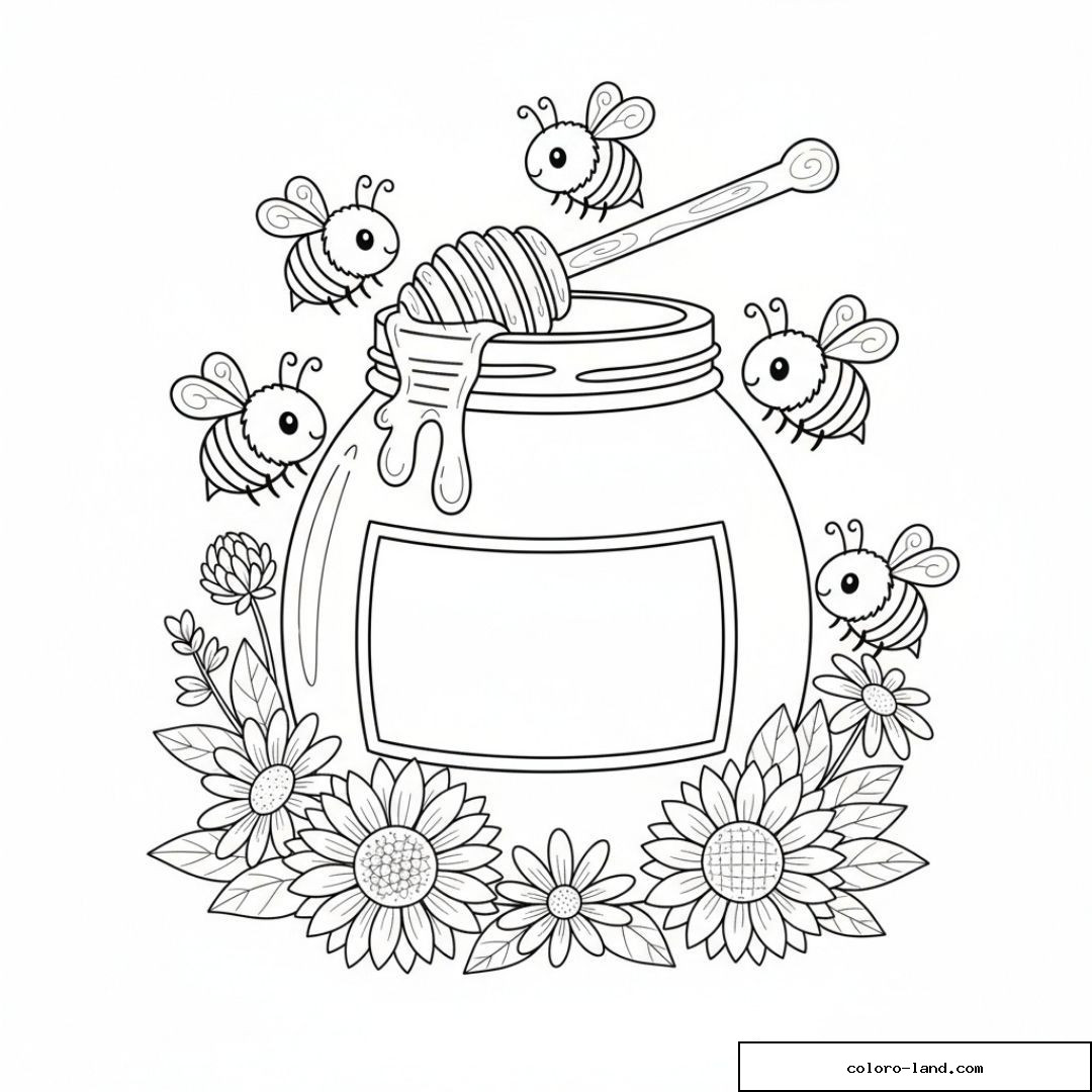 Honigglas mit leerem Etikett, umgeben von Bienen und Sonnenblumen
