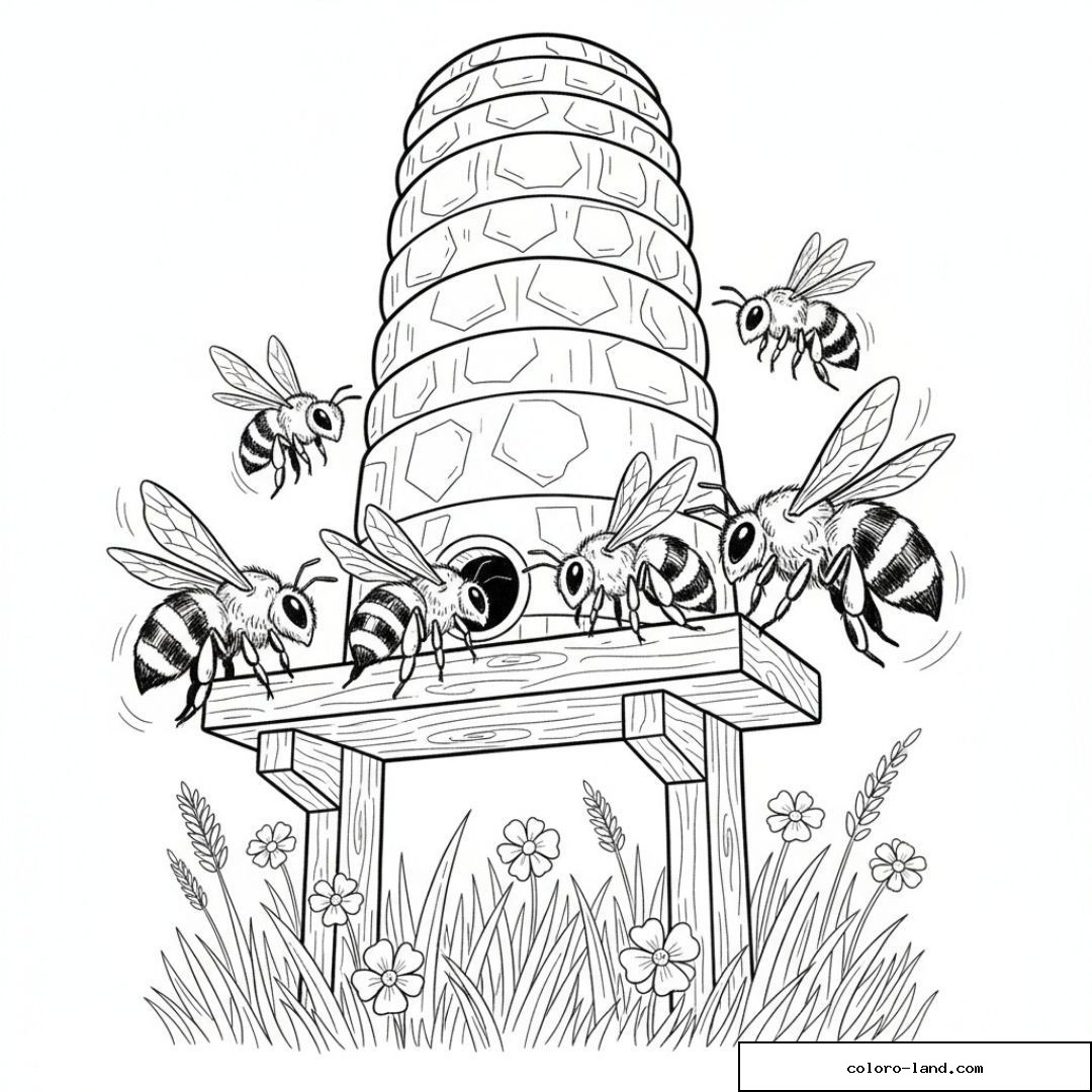Six abeilles sur la planche d'envol d'une ruche posée dans l'herbe