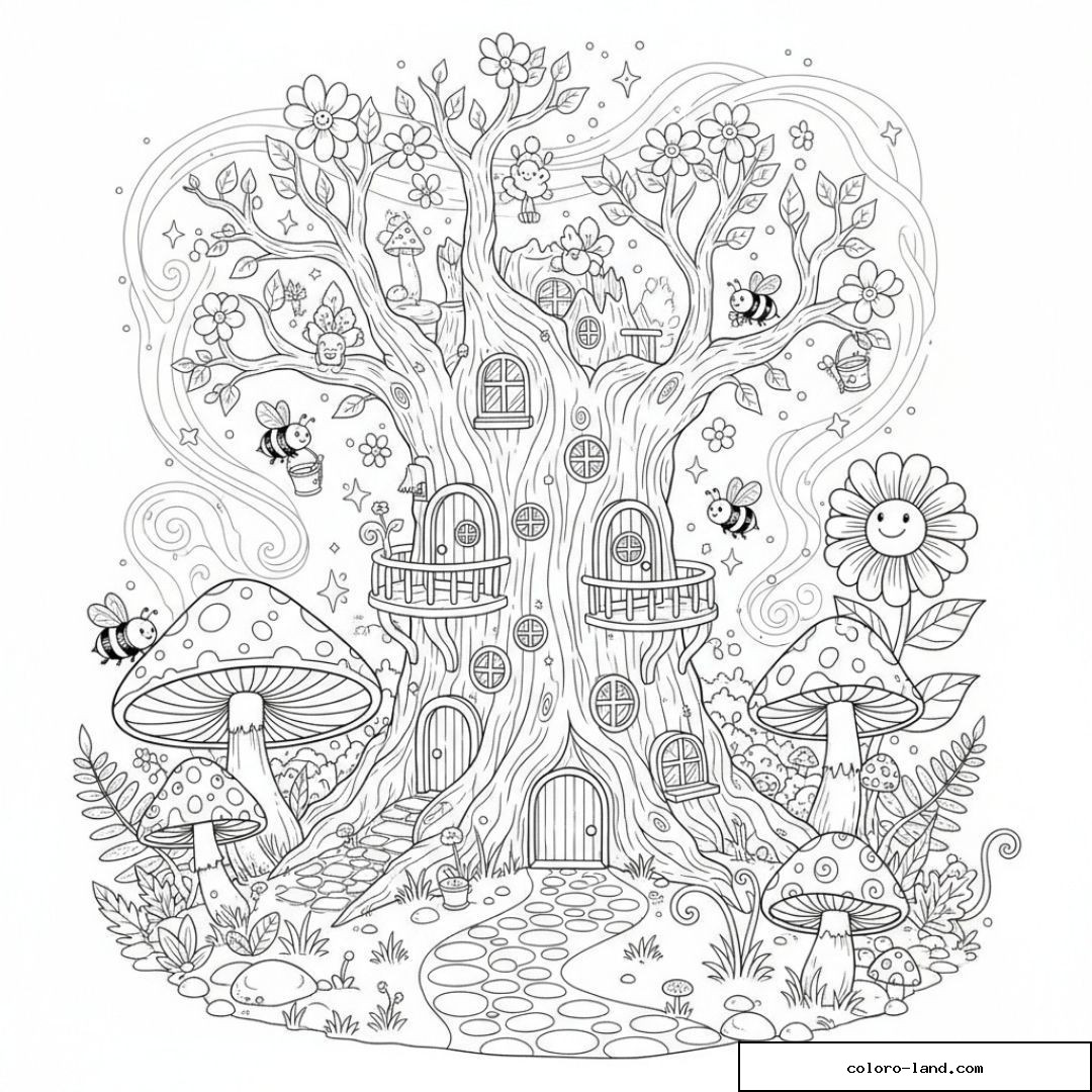 Arbre-maison féerique avec portes, balcons, champignons et abeilles