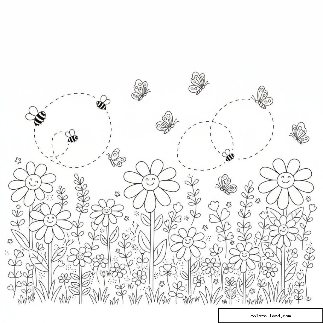 Prairie de marguerites souriantes survolée d'abeilles et de papillons