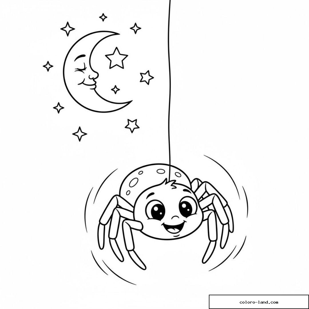 Araignée souriante descendant de son fil sous un croissant de lune étoilé