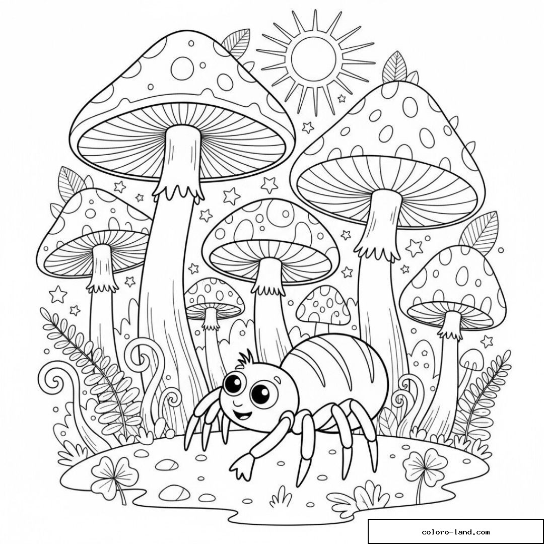 Araignée souriante marchant sous de grands champignons à pois