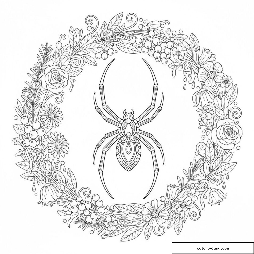 Araignée détaillée entourée d'une couronne de roses et de baies