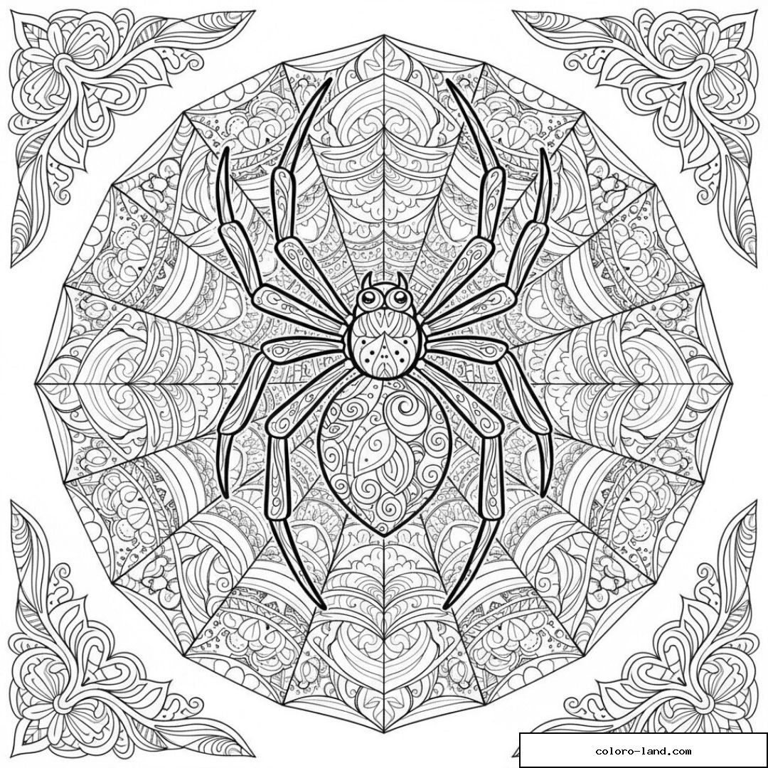 Araignée au centre d'une toile mandala aux motifs zentangle