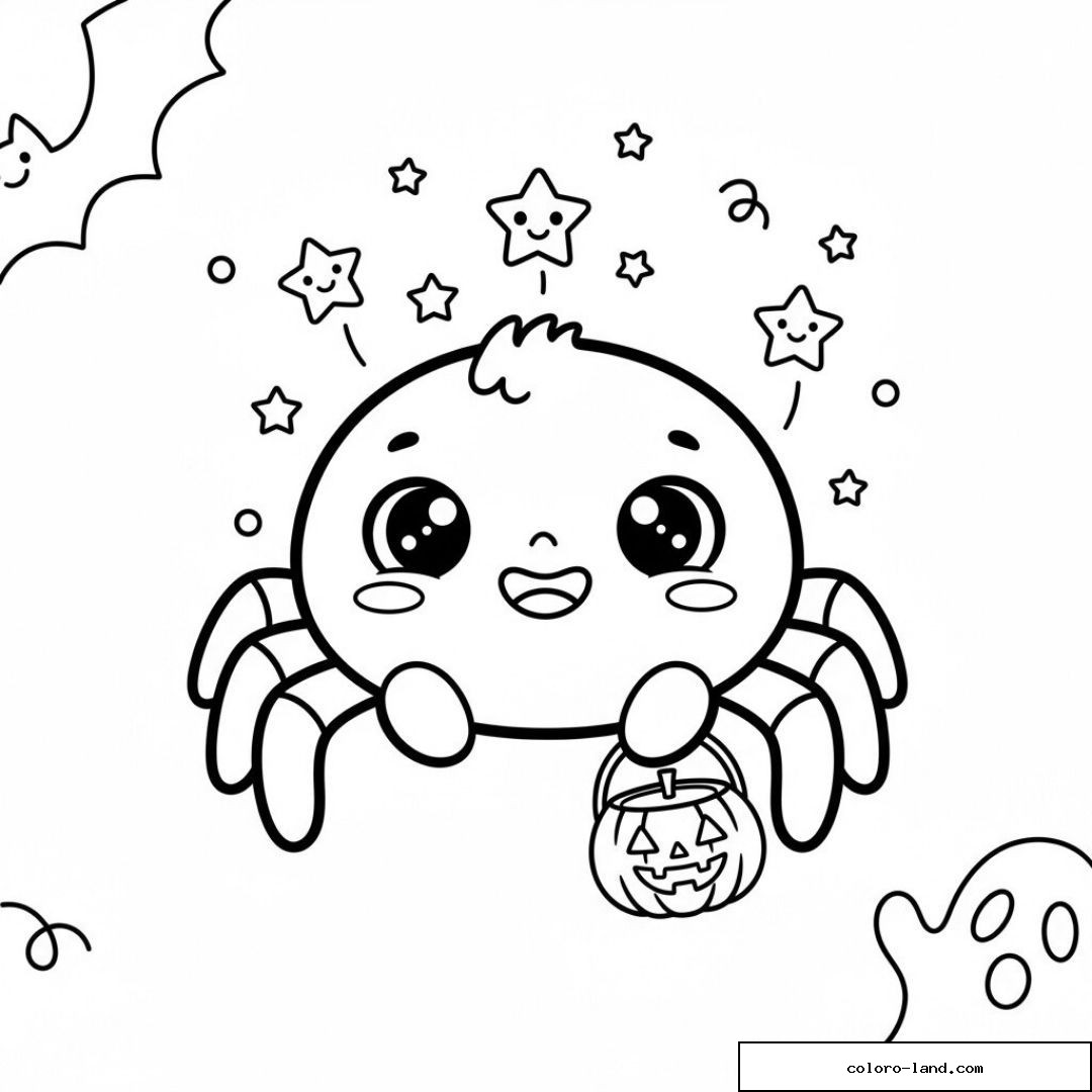 Araignée kawaii tenant un seau citrouille d'Halloween