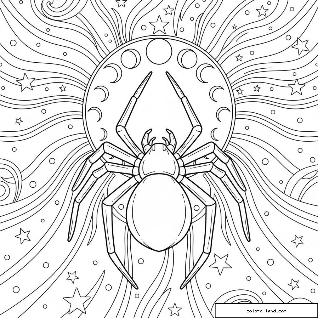 Araignée devant un cercle de phases lunaires et des rayons étoilés