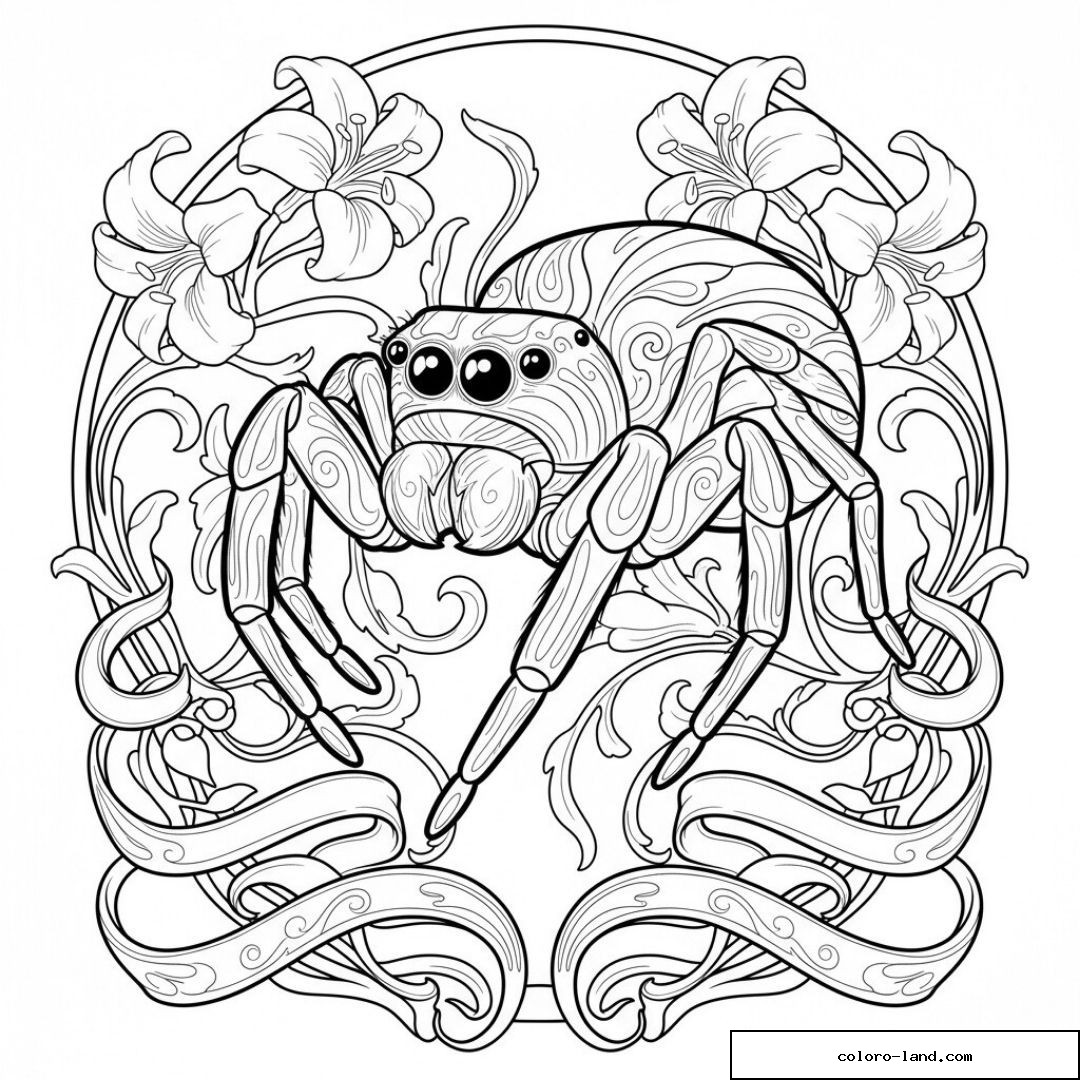 Araignée ornementale entourée de lys et de rubans Art nouveau