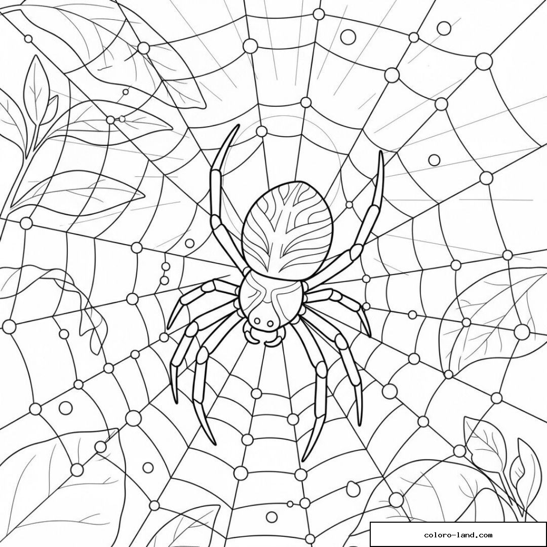 Araignée détaillée au centre d'une toile perlée de rosée entre les feuilles