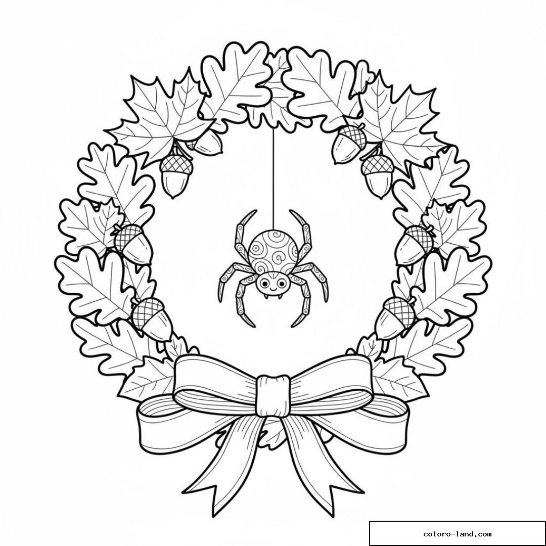 Araignée suspendue au centre d'une couronne de feuilles de chêne et de glands