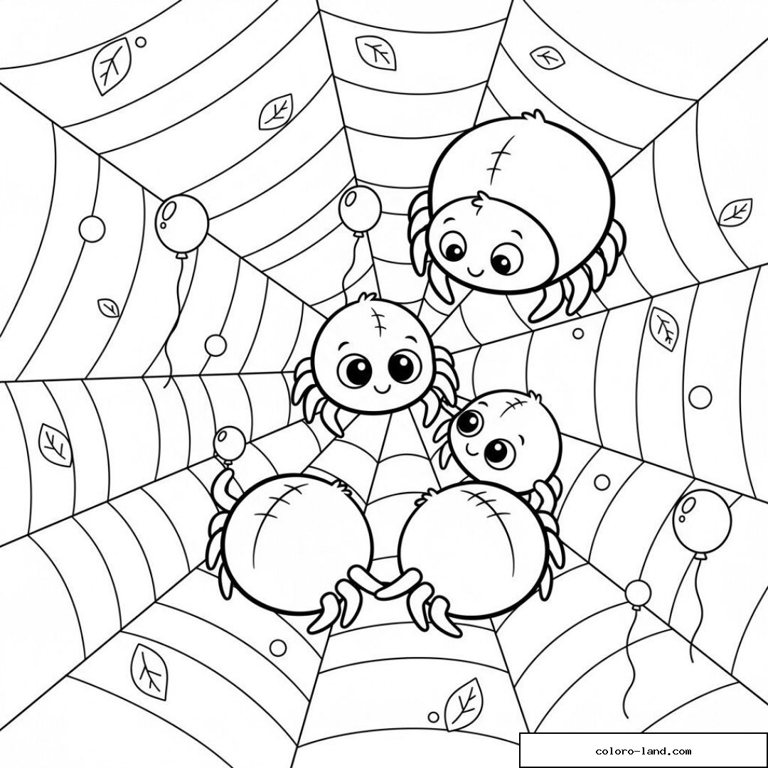 Trois araignées mignonnes réunies sur une toile décorée de ballons