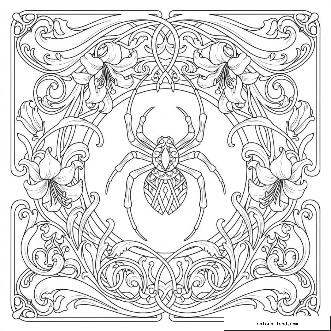 Panneau symétrique Art nouveau avec araignée, lys et entrelacs