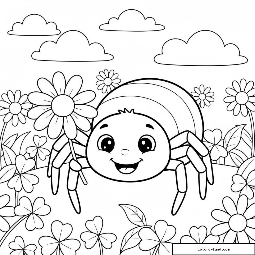 Araignée souriante de face au milieu de marguerites et de trèfles