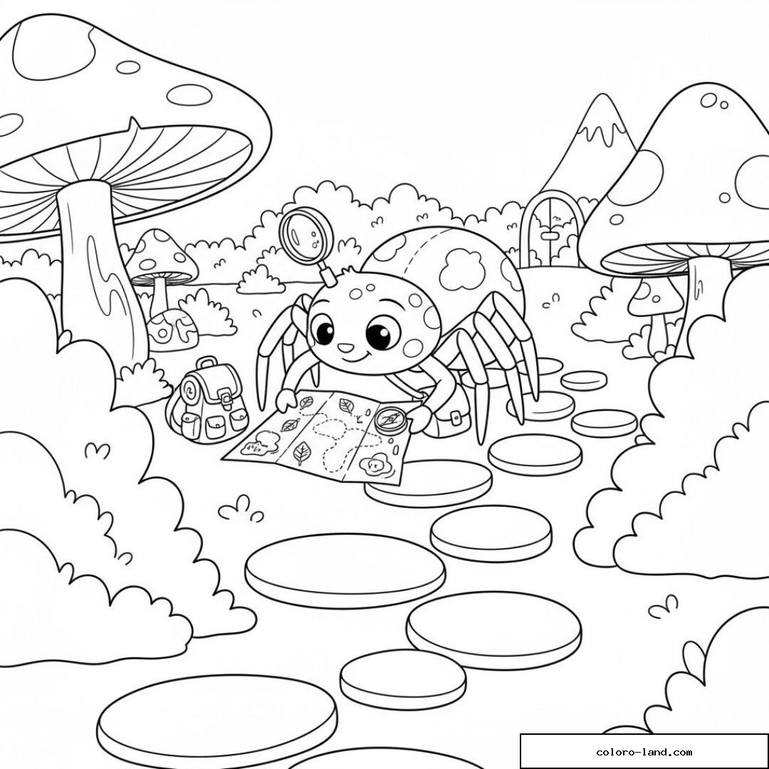 Araignée exploratrice avec carte, sac à dos et loupe dans un village de champignons