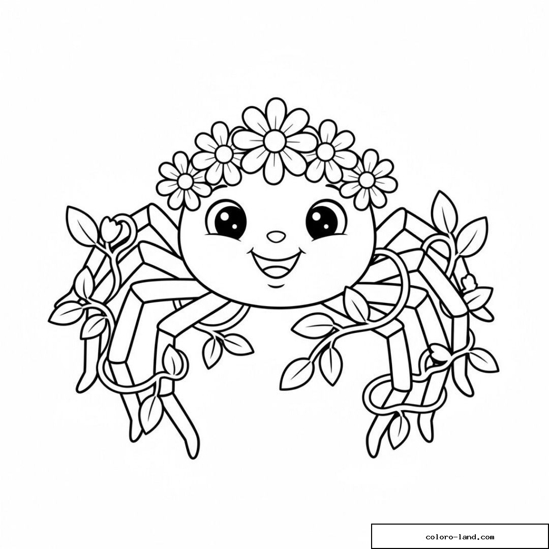 Araignée souriante coiffée d'une couronne de marguerites, pattes entourées de lierre