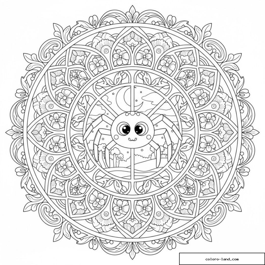 Araignée mignonne au centre d'un mandala à couronnes de fleurs