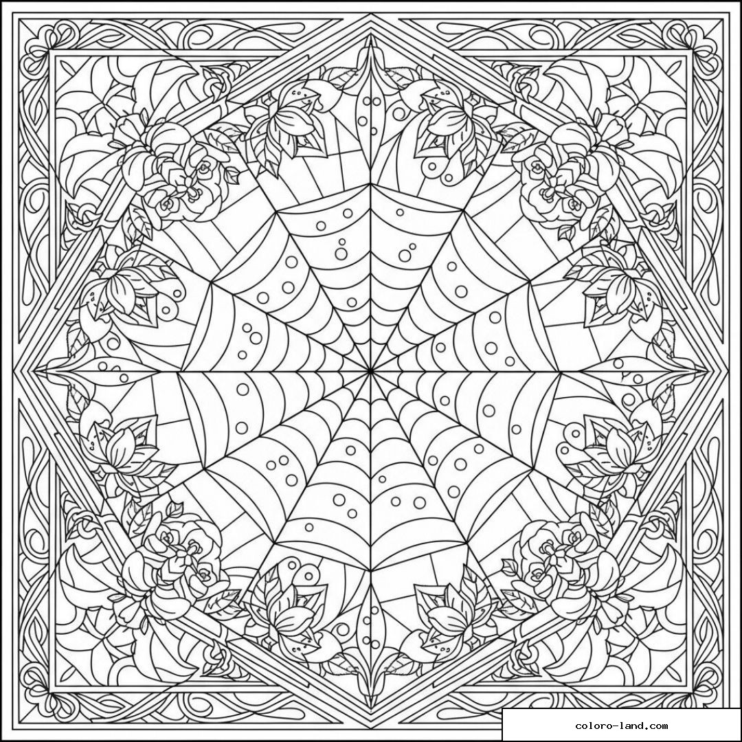 Toile d'araignée hexagonale en mandala entourée de roses et de lys