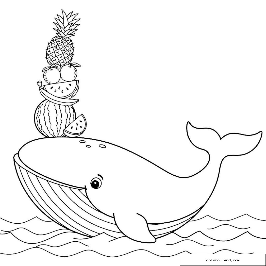 Baleine portant un ananas, des oranges et une pastèque sur son dos