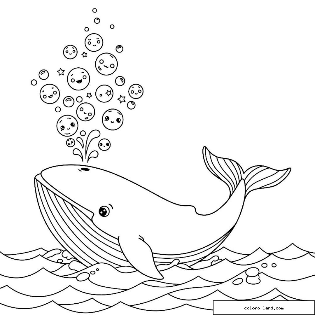 Baleine soufflant des bulles rondes ornées de petits visages souriants