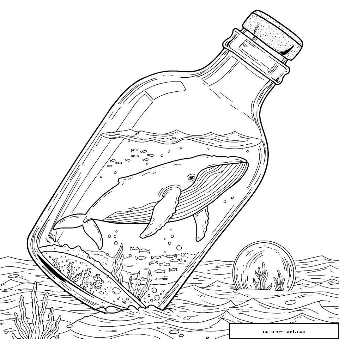 Baleine et poissons nageant à l'intérieur d'une bouteille échouée sur la plage