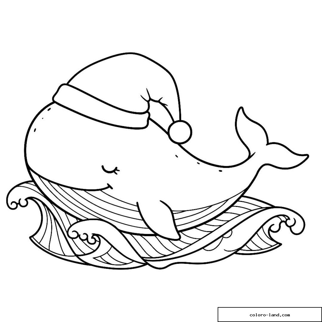 Baleine paisible coiffée d'un bonnet de Noël sur une vague enroulée