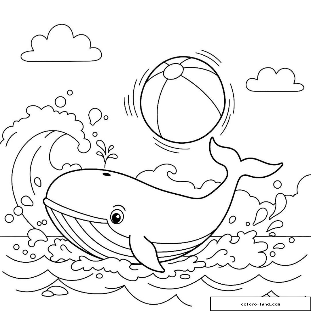 Baleine bondissant hors de l'eau sous un ballon de plage rayé