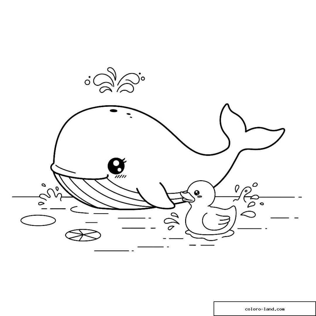Baleine et petit canard se croisant à la surface de l'eau