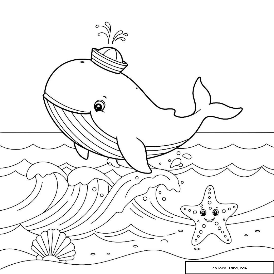 Baleine bondissant près d'une étoile de mer et d'un coquillage