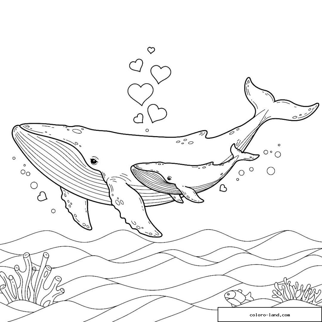 Baleine adulte nageant avec son baleineau entourés de cœurs flottants