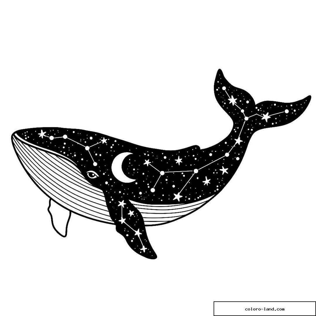 Silhouette de baleine ornée d'étoiles et d'un croissant de lune