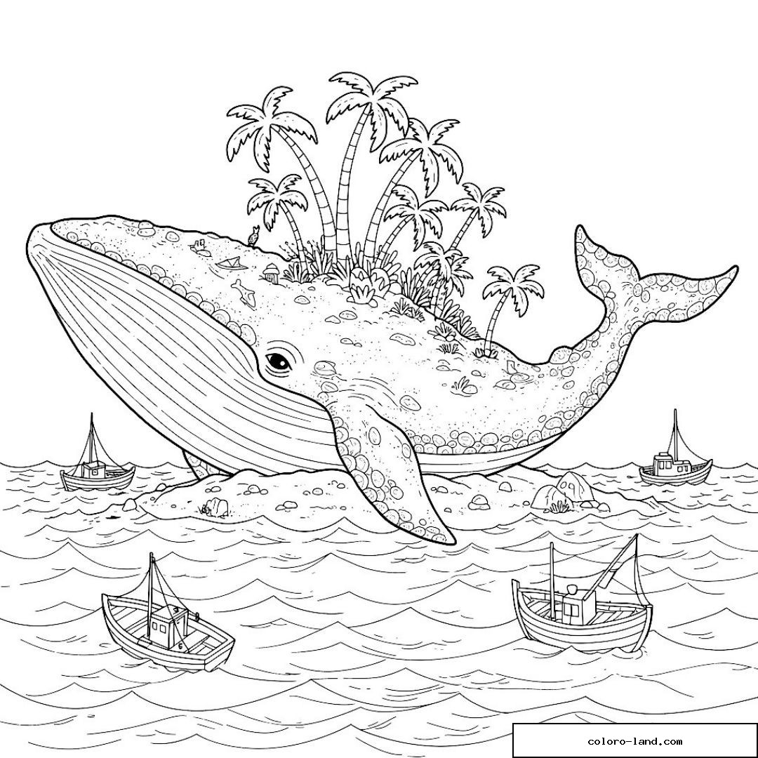 Île aux palmiers posée sur le dos d'une baleine géante entourée de bateaux