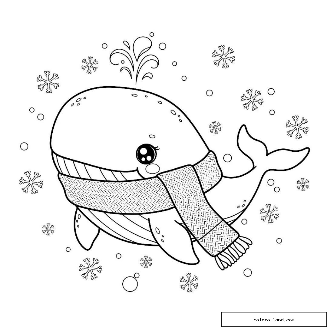 Baleine emmitouflée dans une écharpe tricotée entourée de flocons de neige