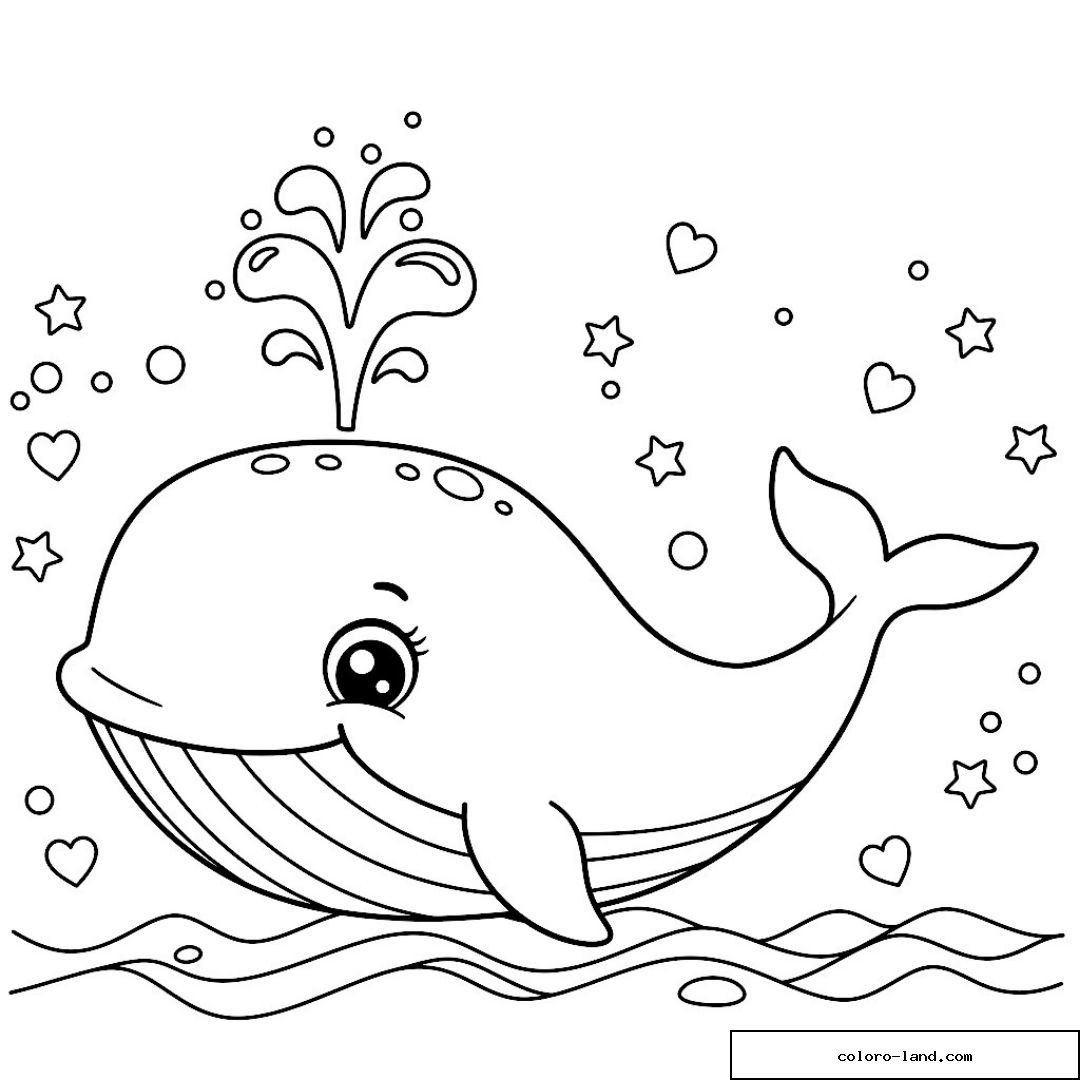 Petite baleine ronde entourée de cœurs et d'étoiles flottants