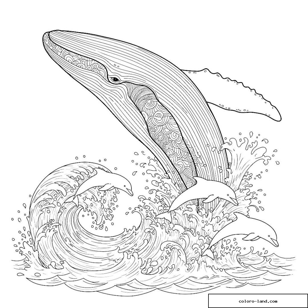 Baleine zentangle bondissant avec trois dauphins dans une grande vague