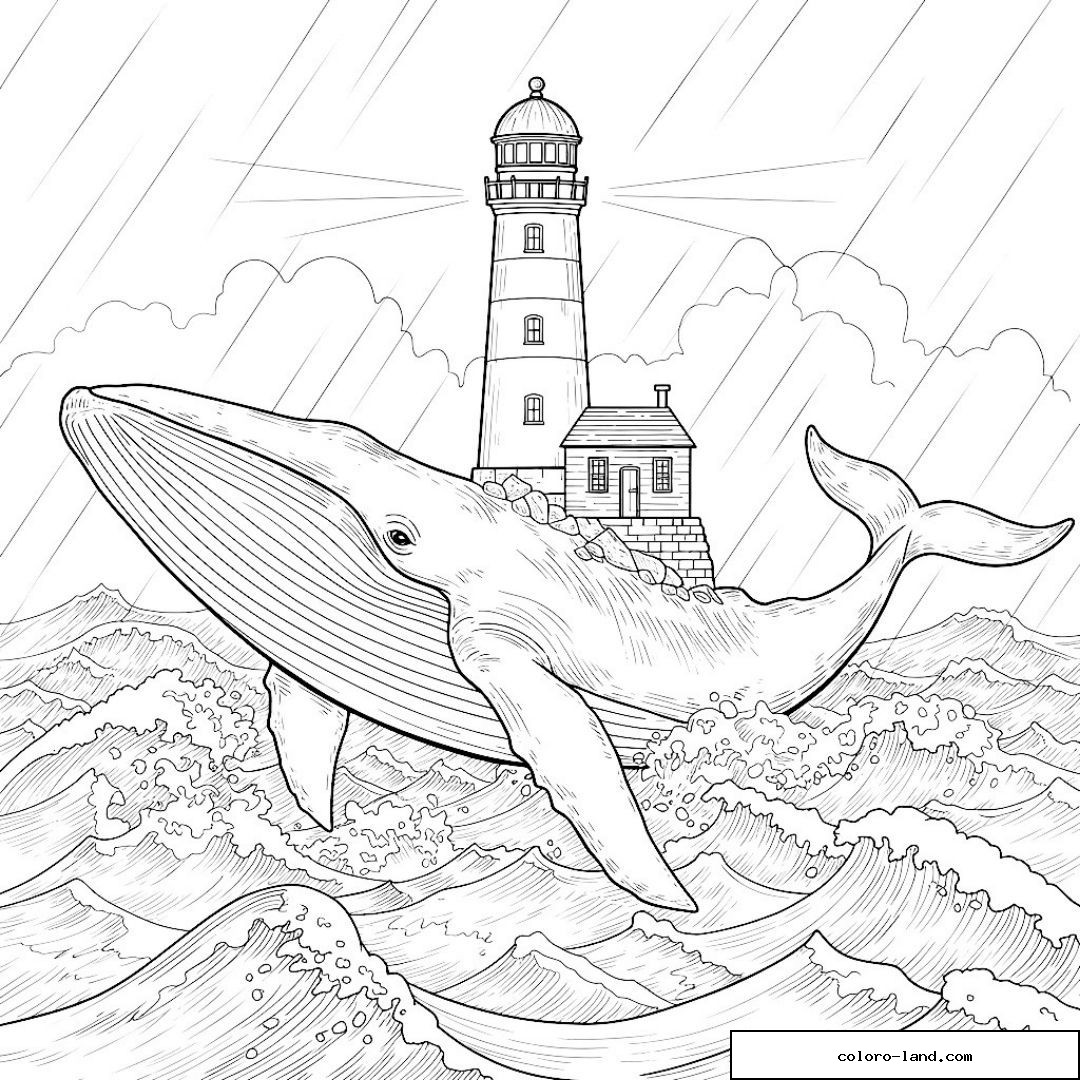 Baleine surgissant devant un phare sous une pluie battante
