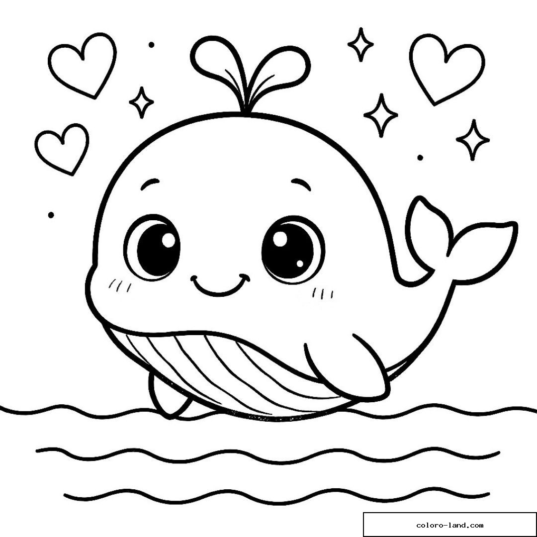 Baleine kawaii aux joues roses entourée de cœurs et d'étoiles